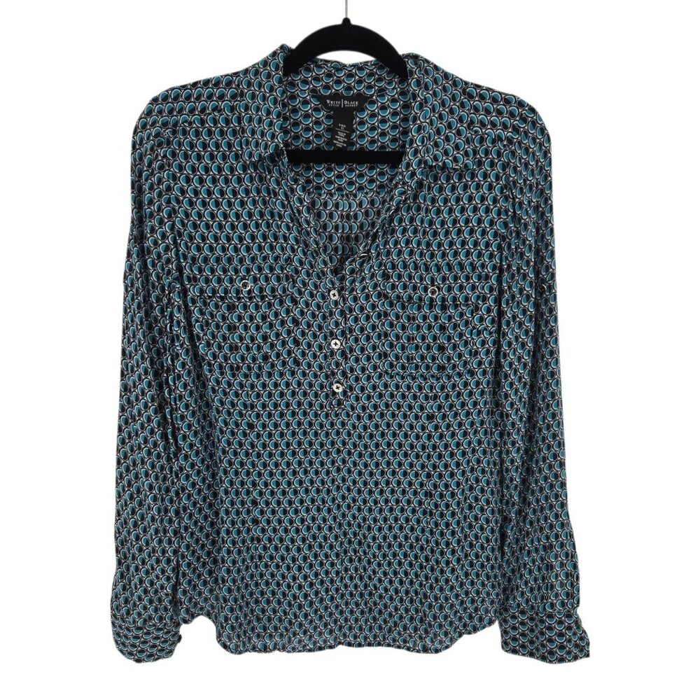 Whbm womens size 12 black teal silk roll tab long sleeve geometric print blouse